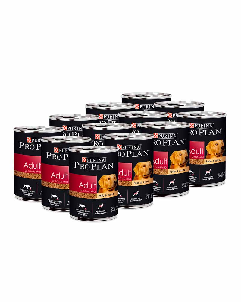 Pro Plan Pack 12 Unidades de Lata Sabor Pollo y Arroz Para Perro Adulto de 368.5 Gr