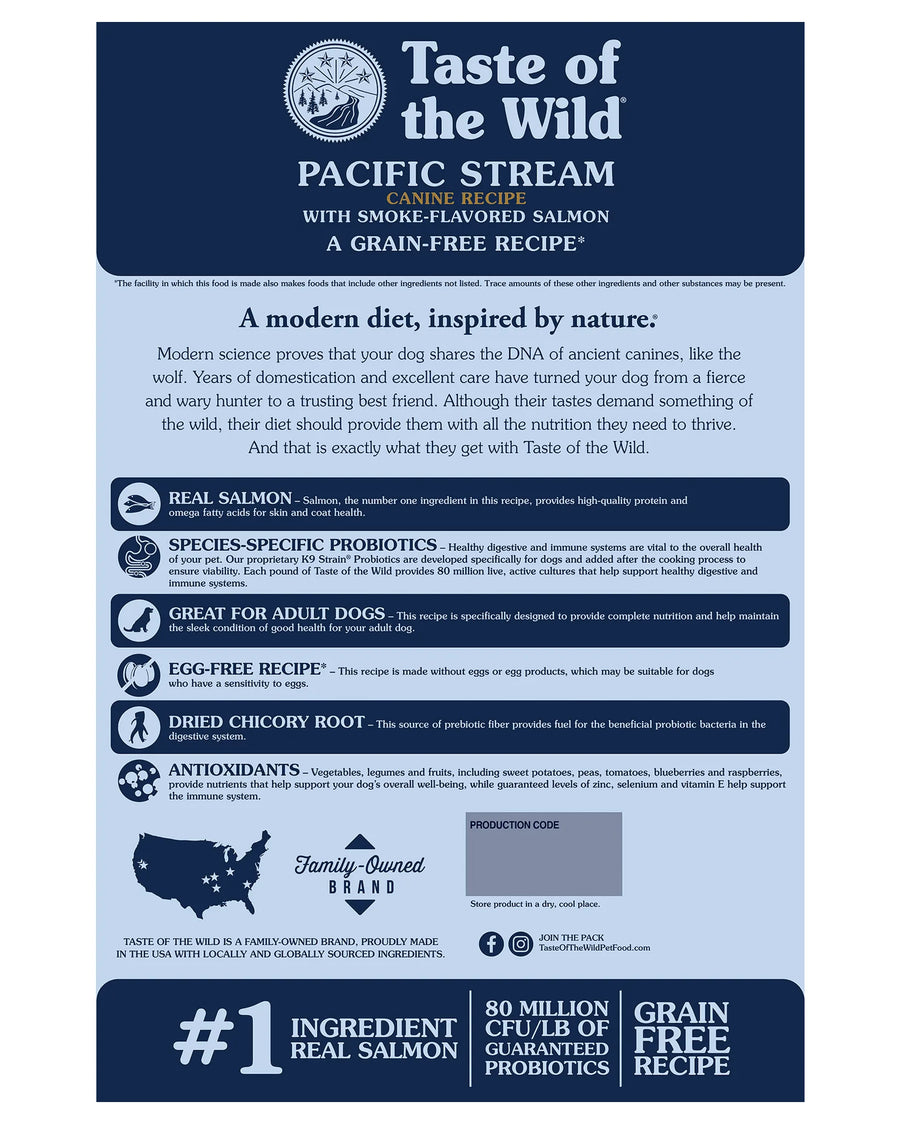 Taste of the Wild Pacific Stream Adulto 18 Kg - reverso del envase